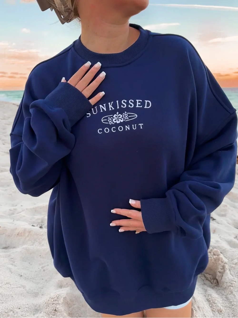 Sunkissed Coconut Navy Oversized Crewneck Sweatshirt / Size Small